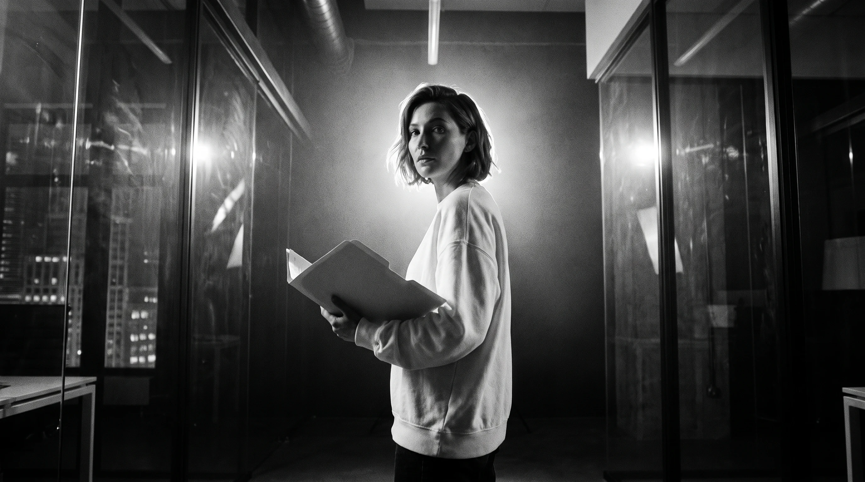 Person mid-turn in a glass-walled workspace, holding an open unbranded folder, looking back over one shoulder toward camera, wide environmental