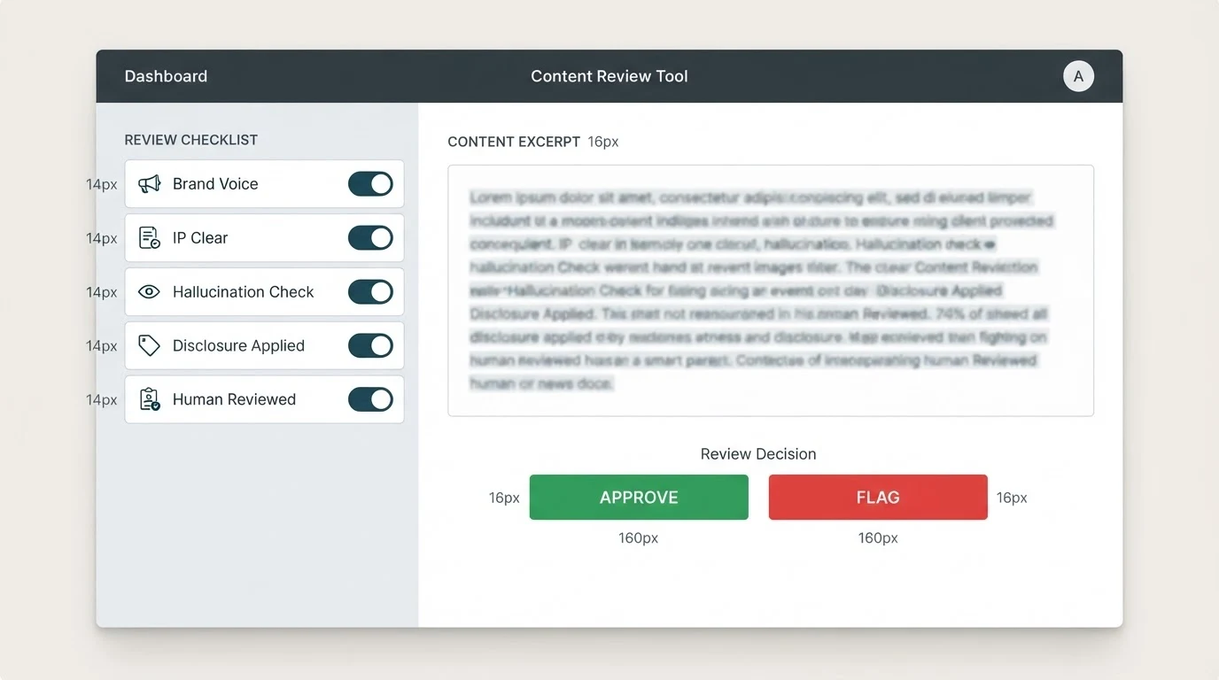 A simple content review dashboard: left panel lists five checklist rows labeled Brand Voice, IP Clear, Hallucination Check, Disclosure Applied, and
