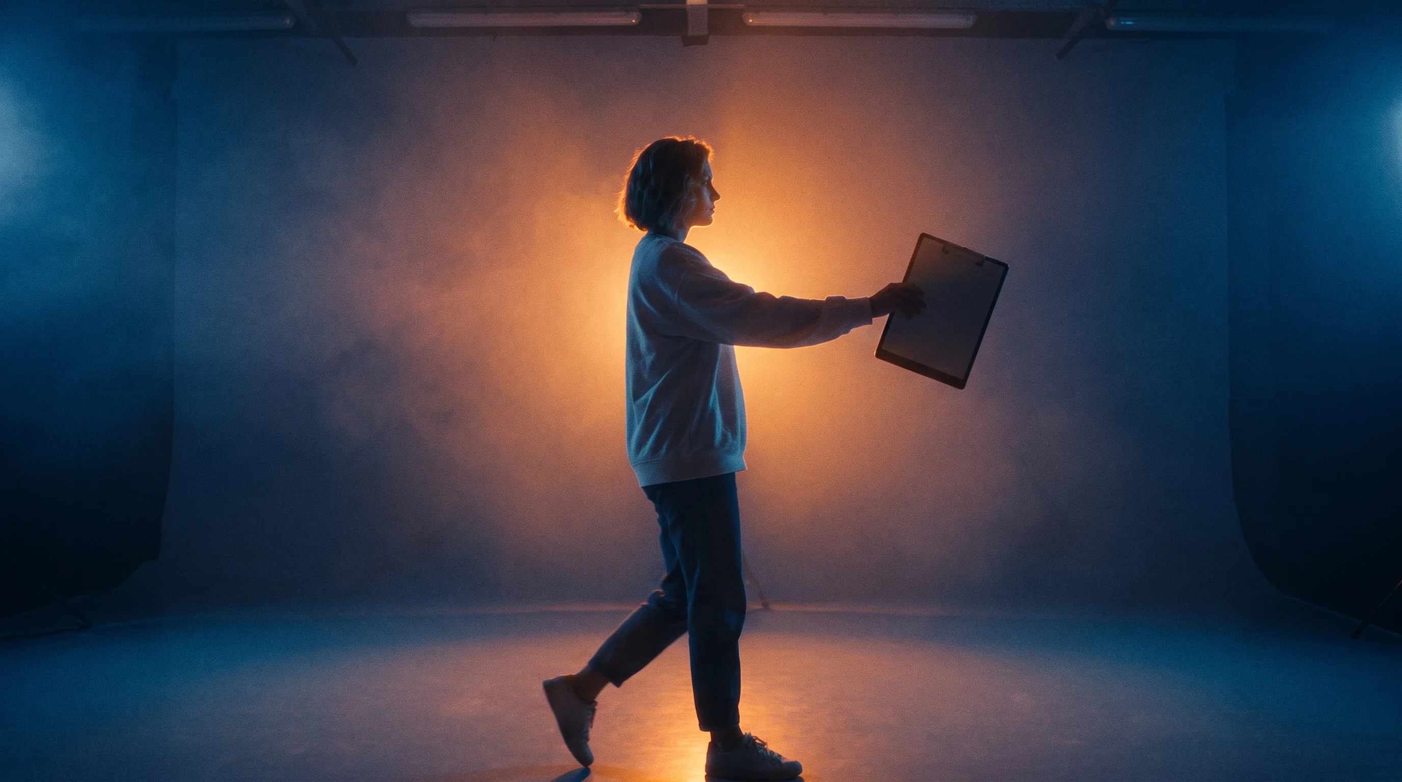 Person mid-step across a clean studio floor holding a blank director's clipboard at arm's length, overhead work lights just visible at frame edge,
