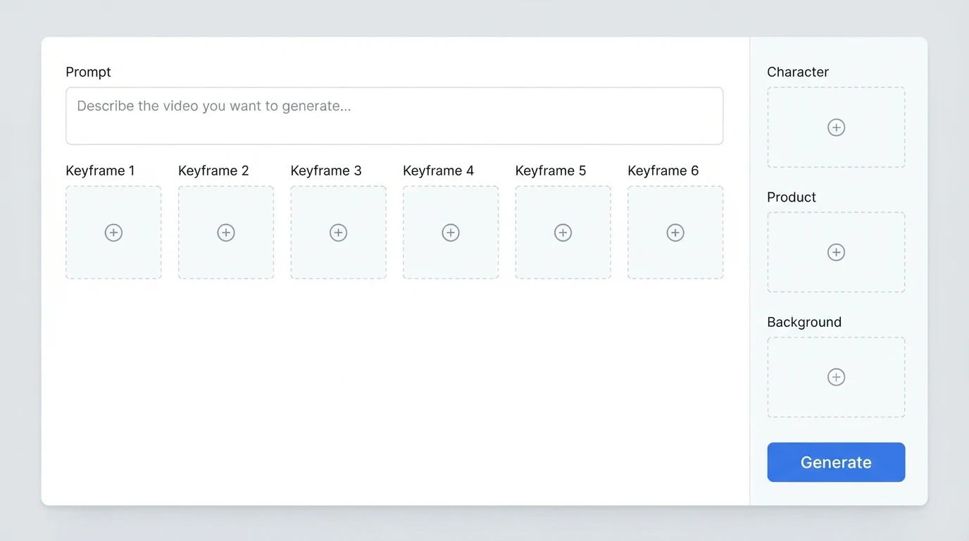 An AI video generation interface: a wide text prompt input field at top labelled 'Prompt', below it a horizontal row of six keyframe thumbnail upload
