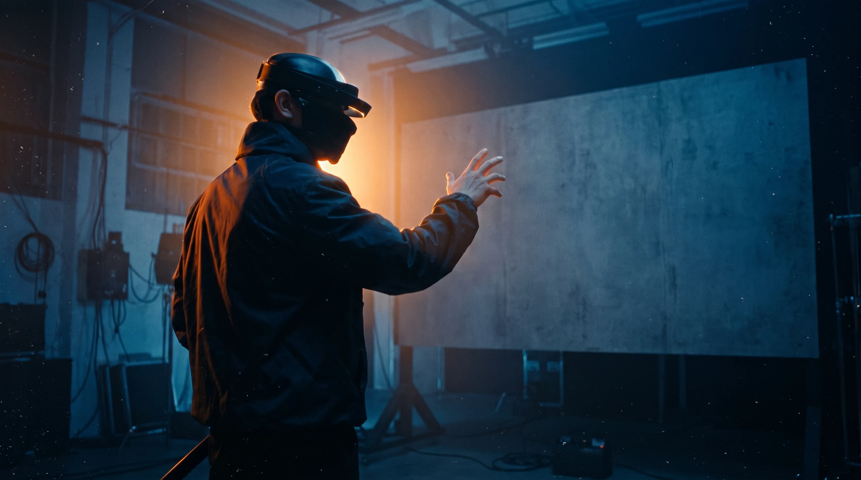 Person mid-turn in a darkened creative studio, one hand raised and gesturing toward a large blank display wall, three-quarter view from behind