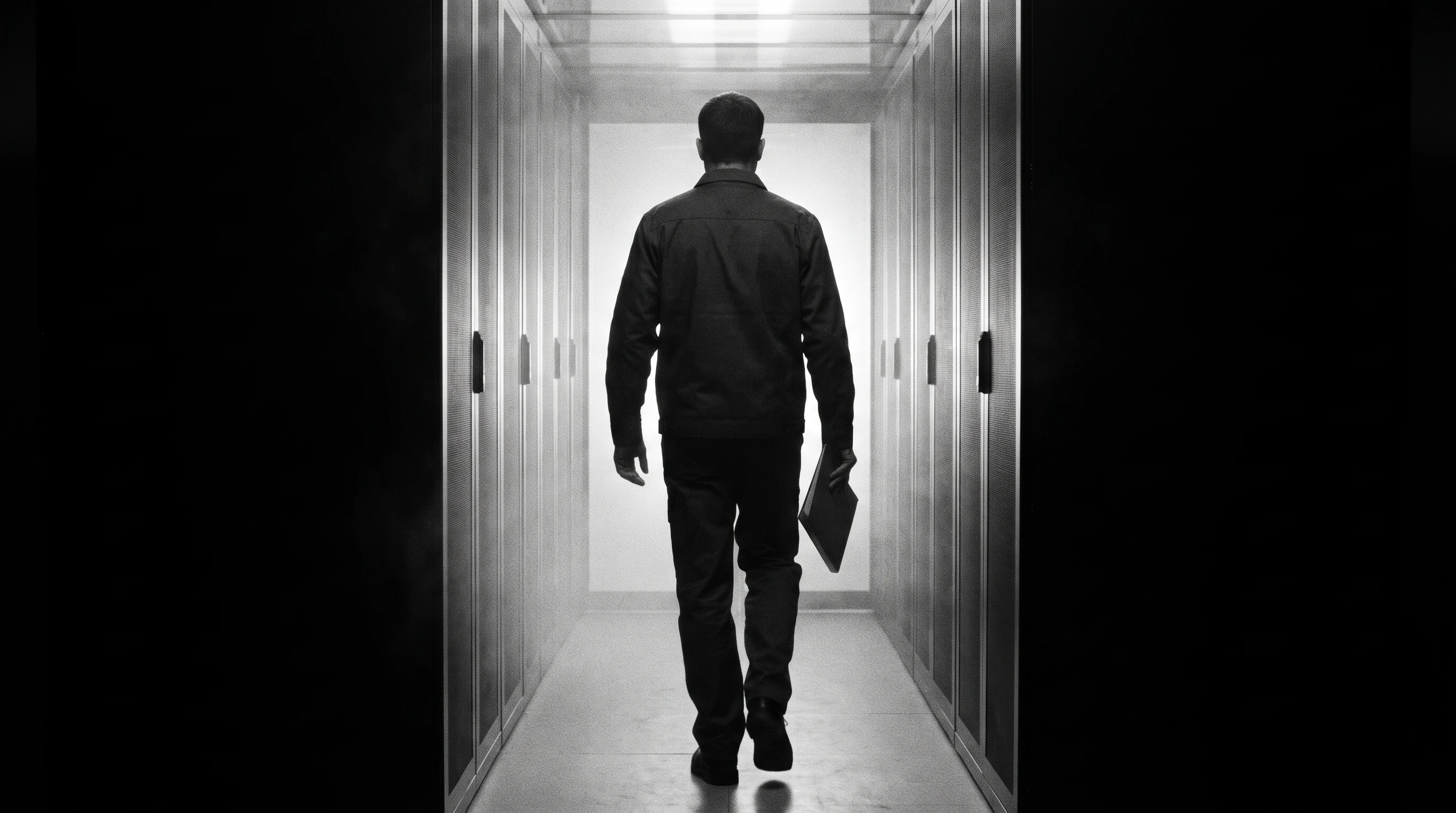 A person mid-step through a narrow corridor between two tall unbranded equipment racks, from-behind framing, carrying a slim folder, in a clean