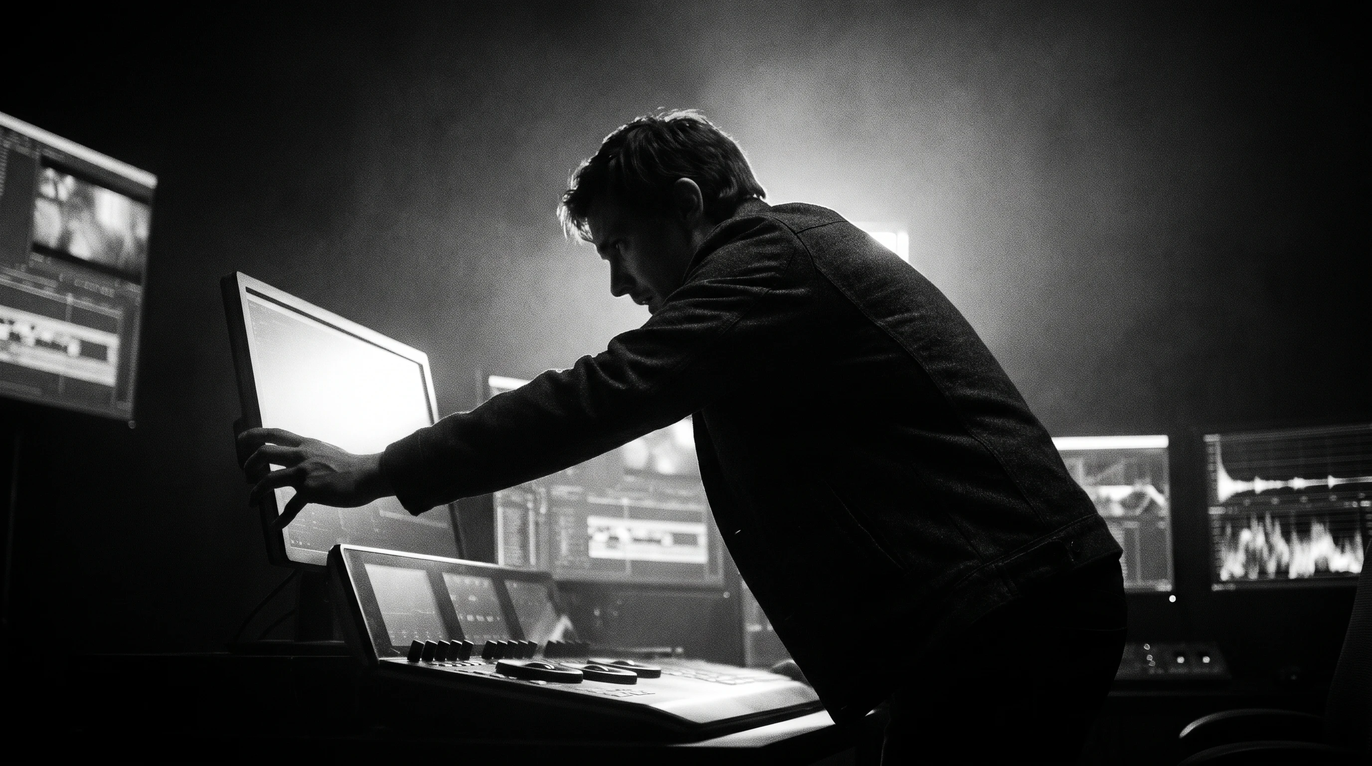 A person mid-lean over a wide editing desk, one hand pressing a monitor bezel, three-quarter framing, in a darkened post-production suite surrounded
