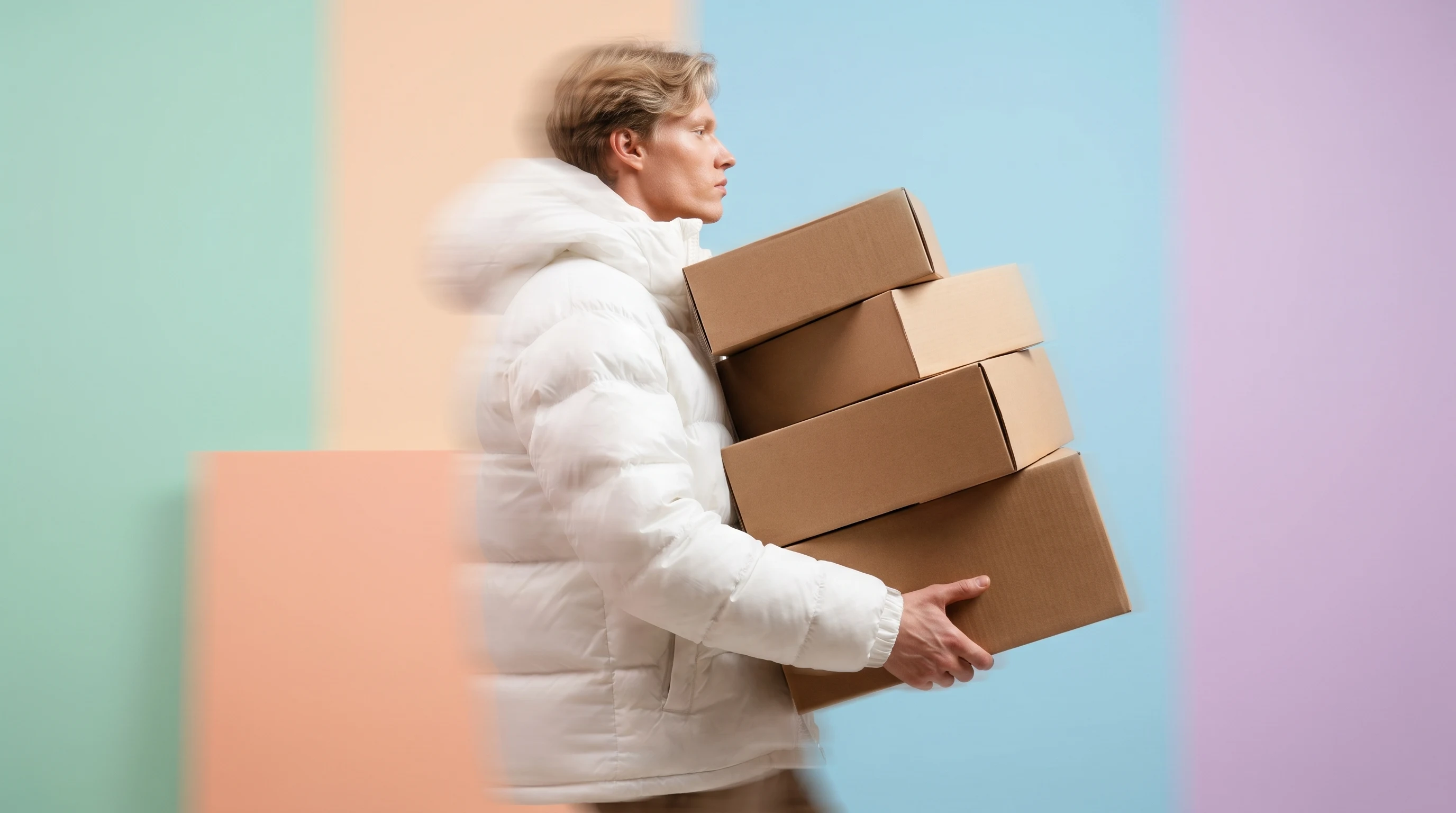 A person mid-step through a lilac-backdrop studio space, cradling a stack of plain unbranded product boxes under one arm, profile framing