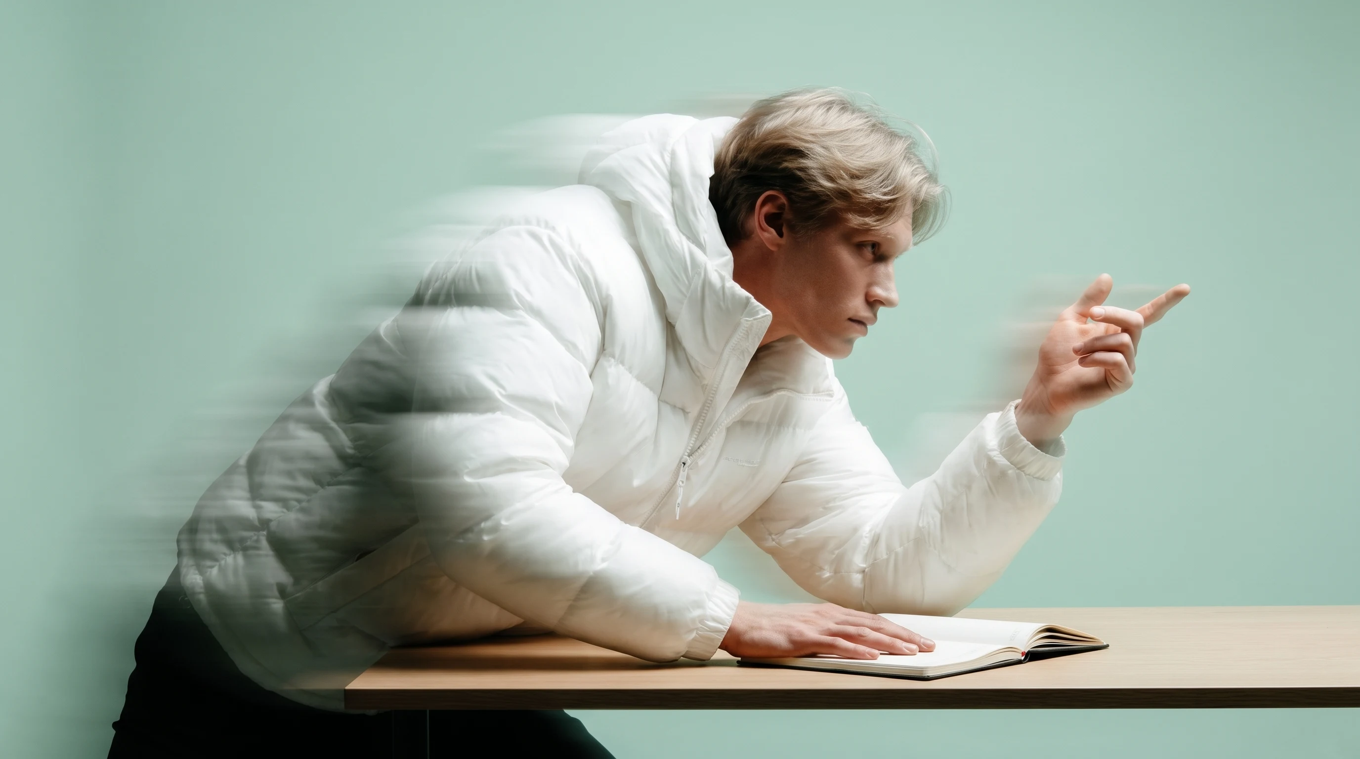 a person mid-lean across a minimal desk, one hand pressing an open notebook flat, the other raised in a pointed questioning gesture, three-quarter