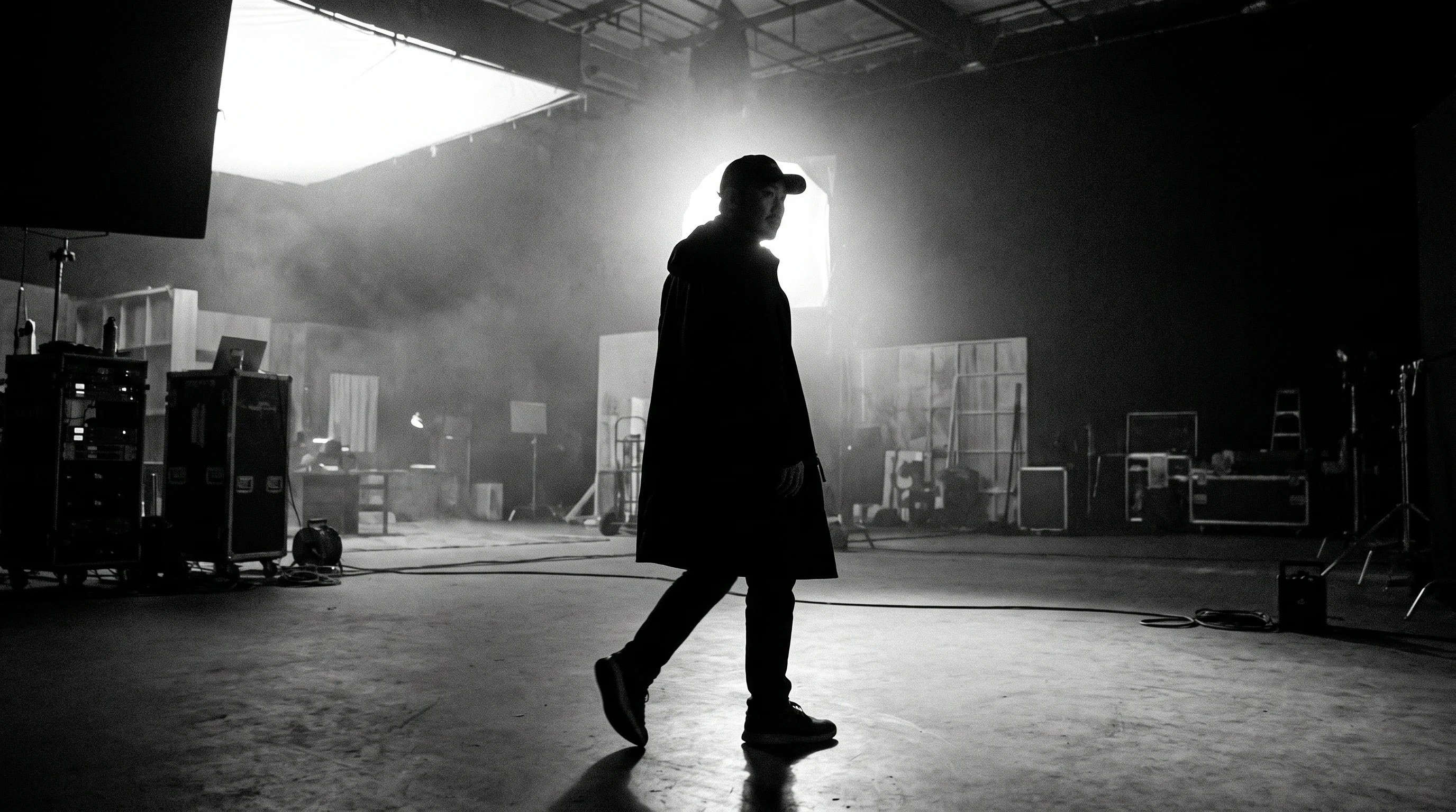 A film director mid-stride across a wide studio stage, head turned back over one shoulder, a large softbox light just outside the frame casting a