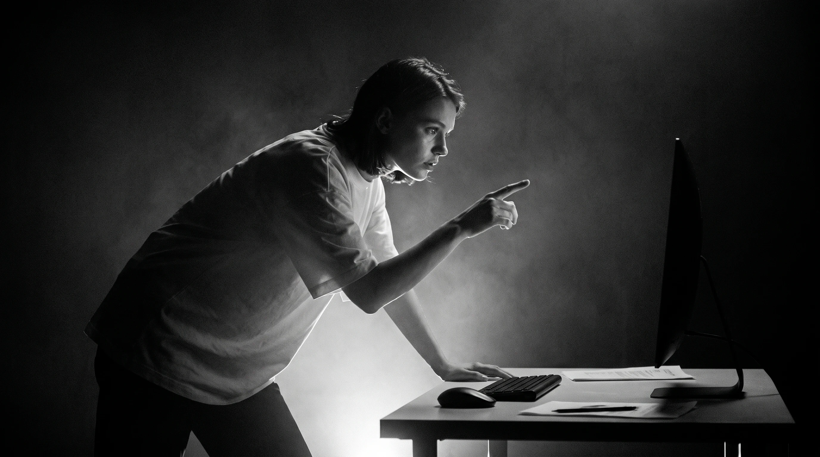 A video editor mid-lean forward at a sparse desk in a low-lit production room, one hand raised pointing toward an out-of-frame screen, face caught in