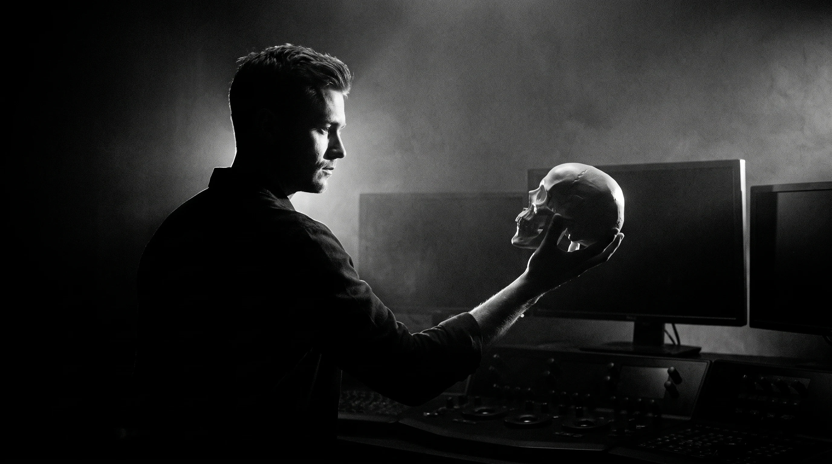 A creative director mid-turn in a darkened edit suite, one arm extended toward a bank of unlit monitors, sharp side-light cutting across their