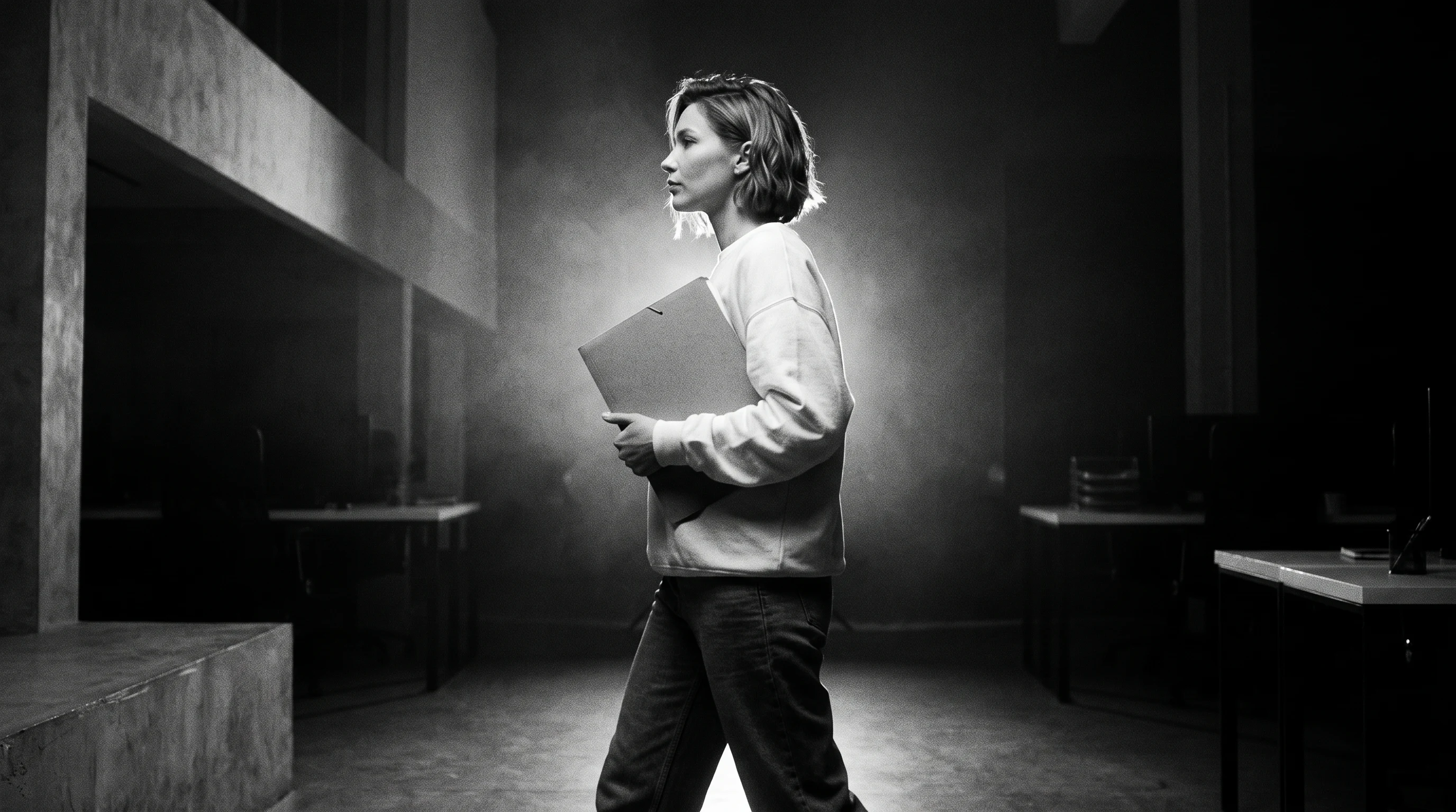 A person mid-step through a minimal open-plan workspace, profile view, clutching an unbranded folder, gaze directed forward with quiet confidence