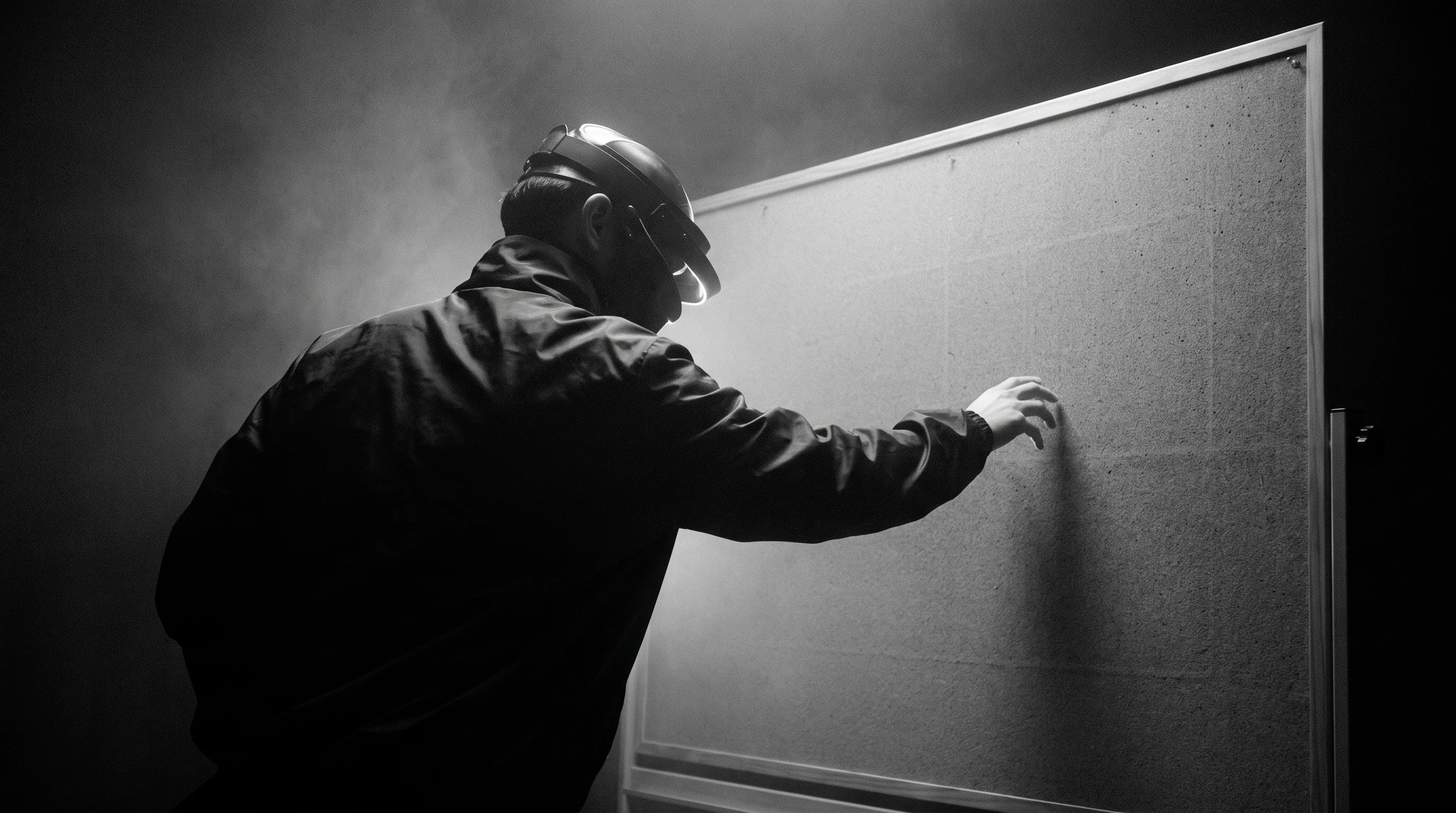 A person from behind, mid-reach toward a large blank pinboard, arm extended, leaning slightly forward in a sparse creative studio