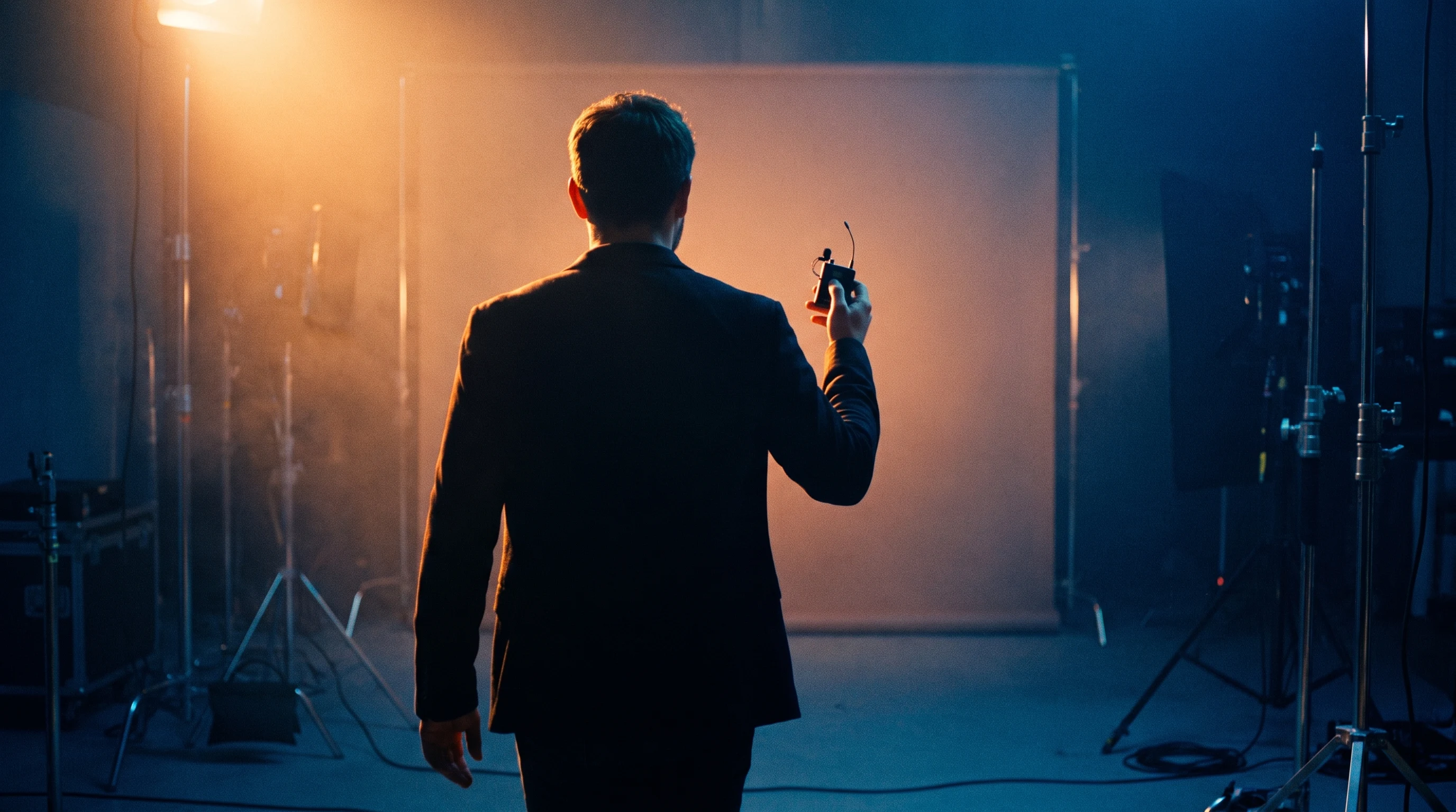 A person mid-step walking through a production space from behind, carrying a small wireless lavalier mic in one raised hand, soft backlight catching