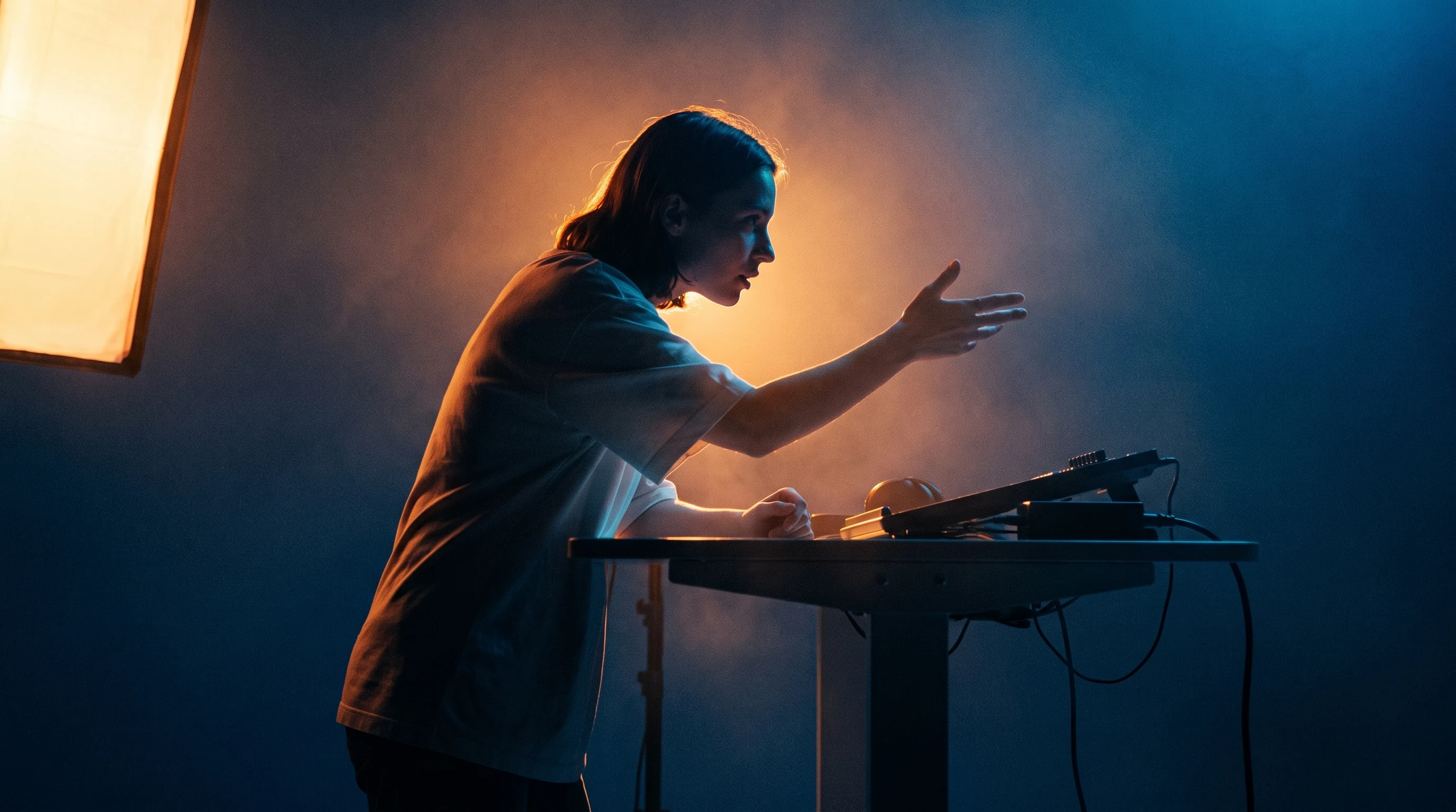 A person mid-lean forward at a standing desk in profile, one hand gesturing outward as if directing talent, a softbox glow just out of frame