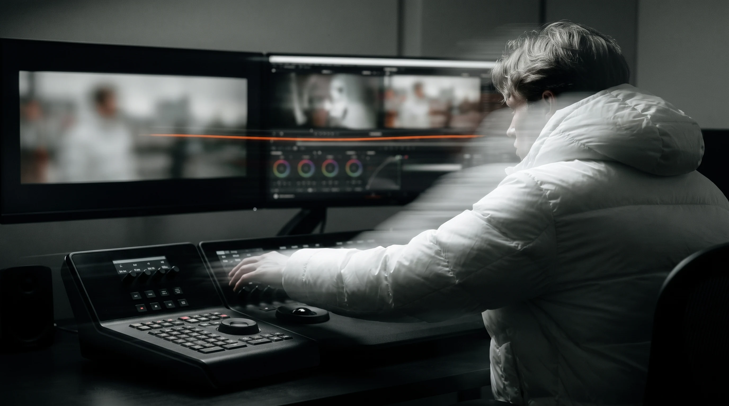 A colorist mid-reach toward a hardware grading control surface, shot from slightly behind at a three-quarter angle, two large widescreen monitors