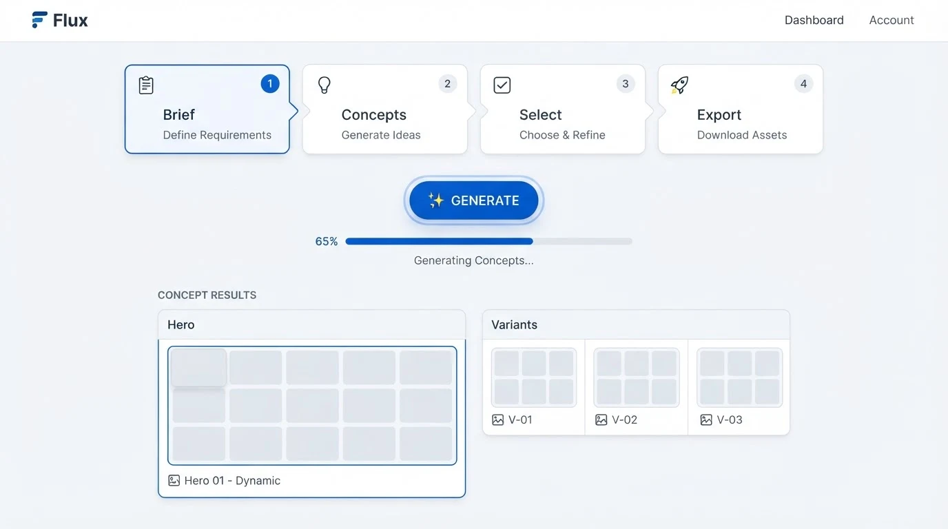 A clean concept-workflow interface showing four panels labelled 'Brief', 'Concepts', 'Select', and 'Export'; an active 'Generate' button in the