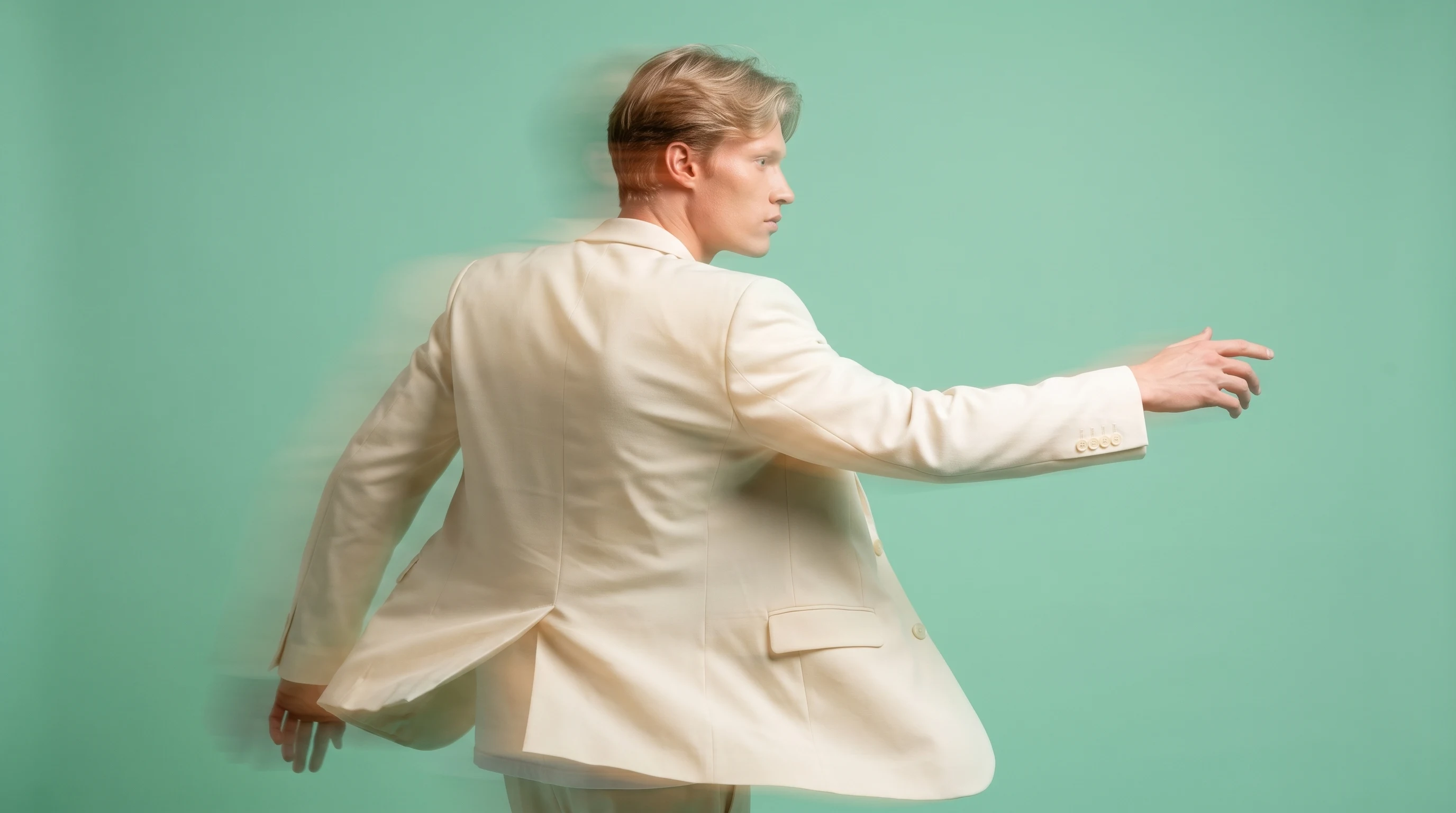 A person mid-turn in a mint-green studio, one arm extended gesturing toward an invisible screen, wearing a structured cream blazer over a white tee