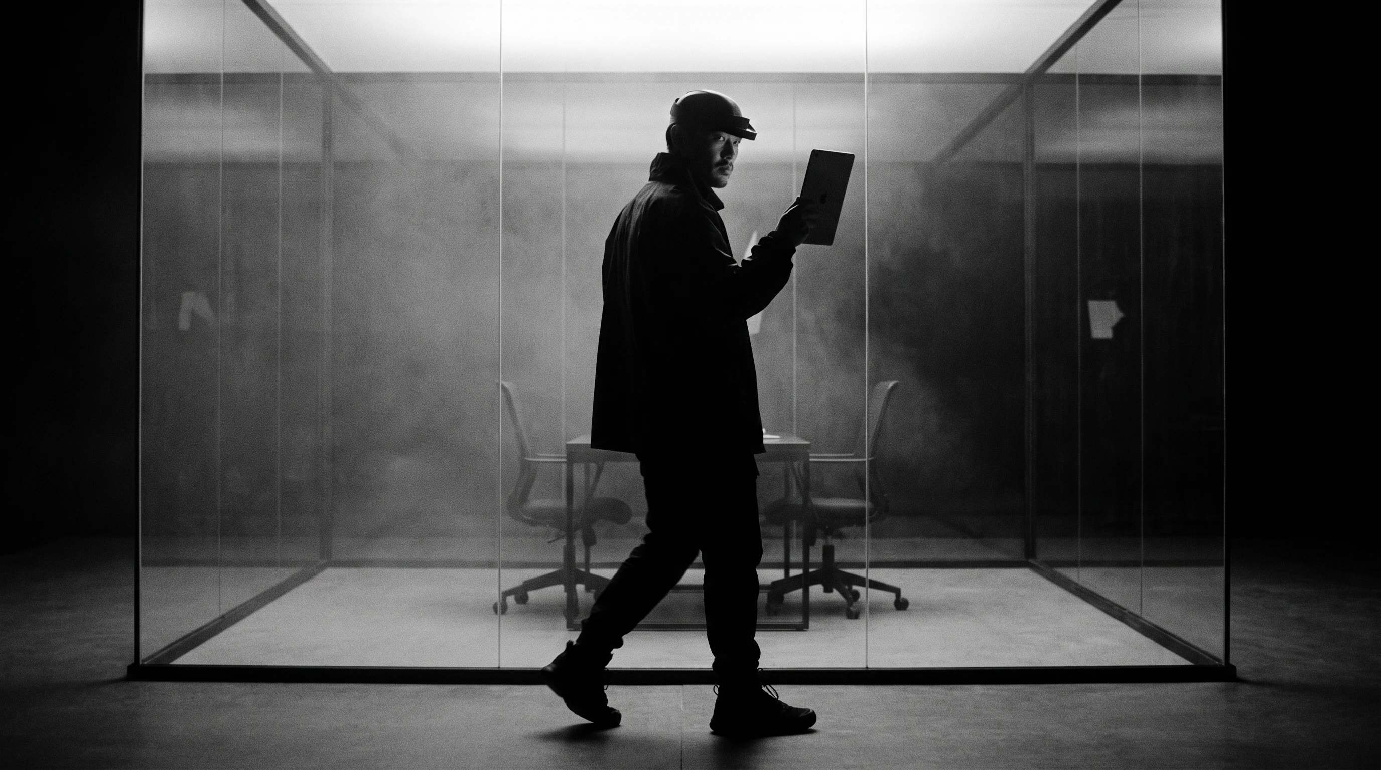 A person mid-stride through a minimal glass-walled workspace, holding a tablet raised at shoulder height, glancing back over one shoulder, framed