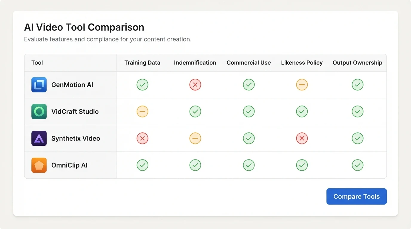 A clean comparison dashboard with four AI video tool rows and five column headers — Training Data, Indemnification, Commercial Use, Likeness Policy,