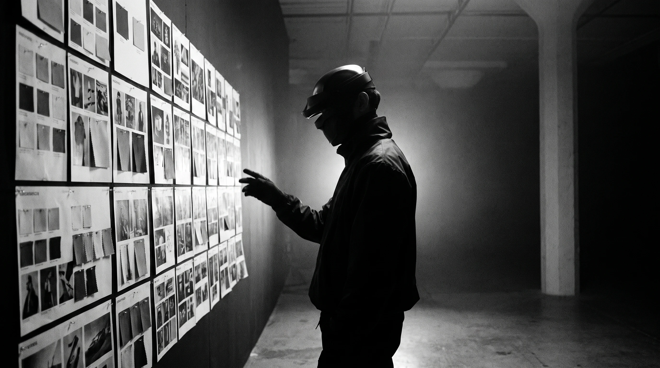 A person mid-turn in a sparse editorial production studio, one hand raised mid-gesture toward a wall of unbranded reference cards pinned in a grid,