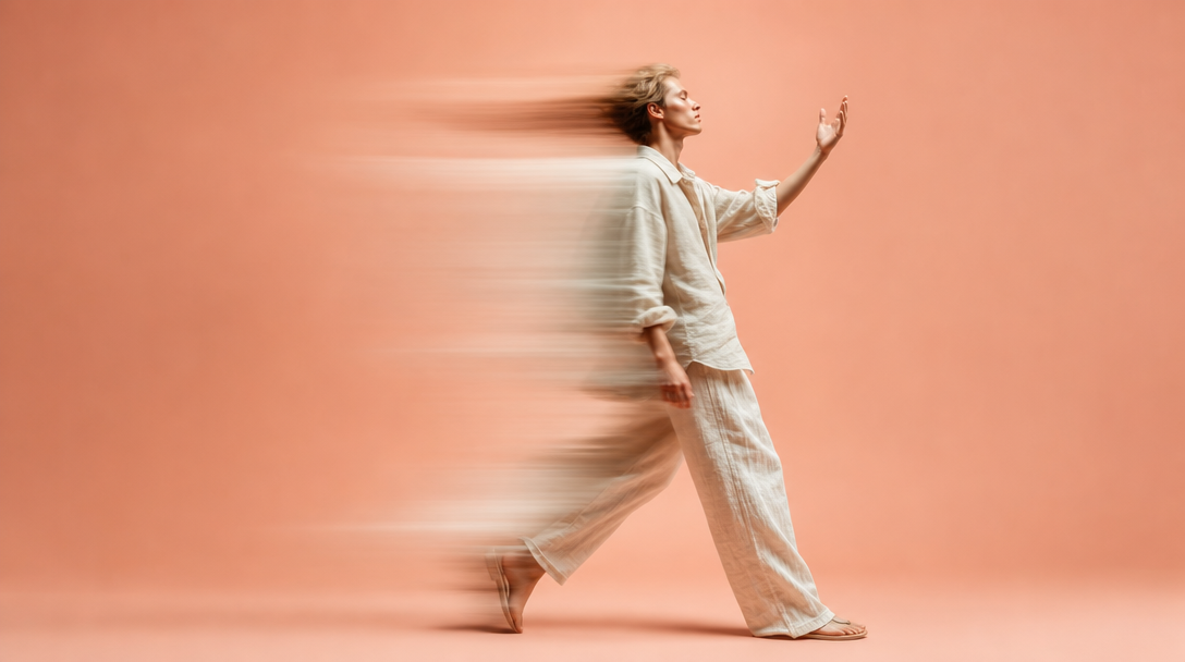 A person mid-step across a peach-backdrop studio, one hand raised gesturing toward an unseen mood-board wall, profile framing with loose linen outfit